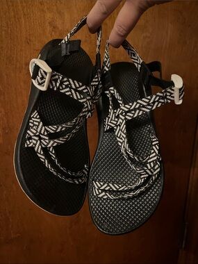 Chaco Black Sandals with White and Pink Patterned Straps